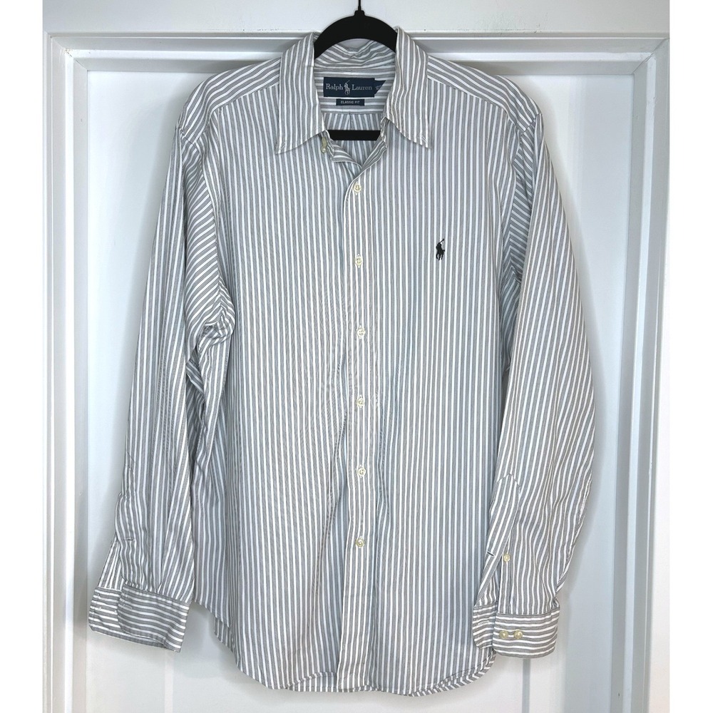 Ralph Lauren Classic Fit Striped Button Down Shirt Mens 16 34/35 White Grey